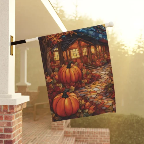 Mechenal Fall Garden Flag – Pumpkins with House Design