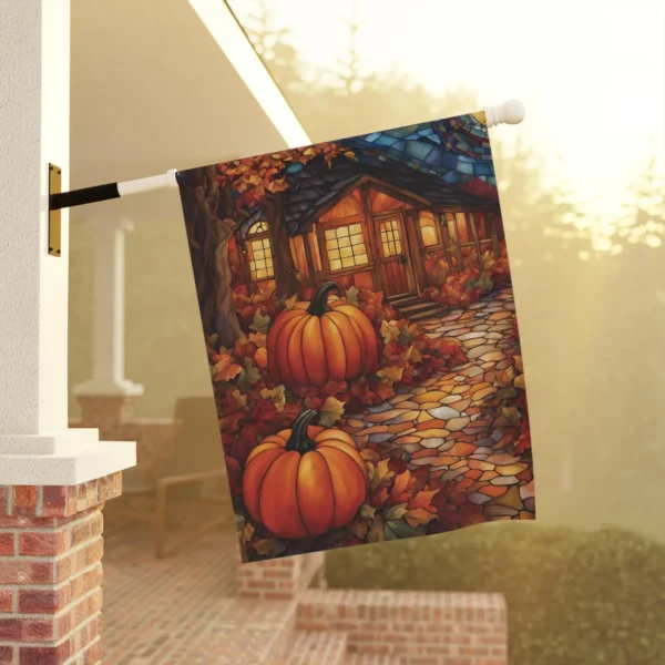 Mechenal Fall Garden Flag – Pumpkins with House Design
