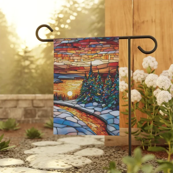 Mechenal Winter Garden Flag – Sunset Pine Tree Design