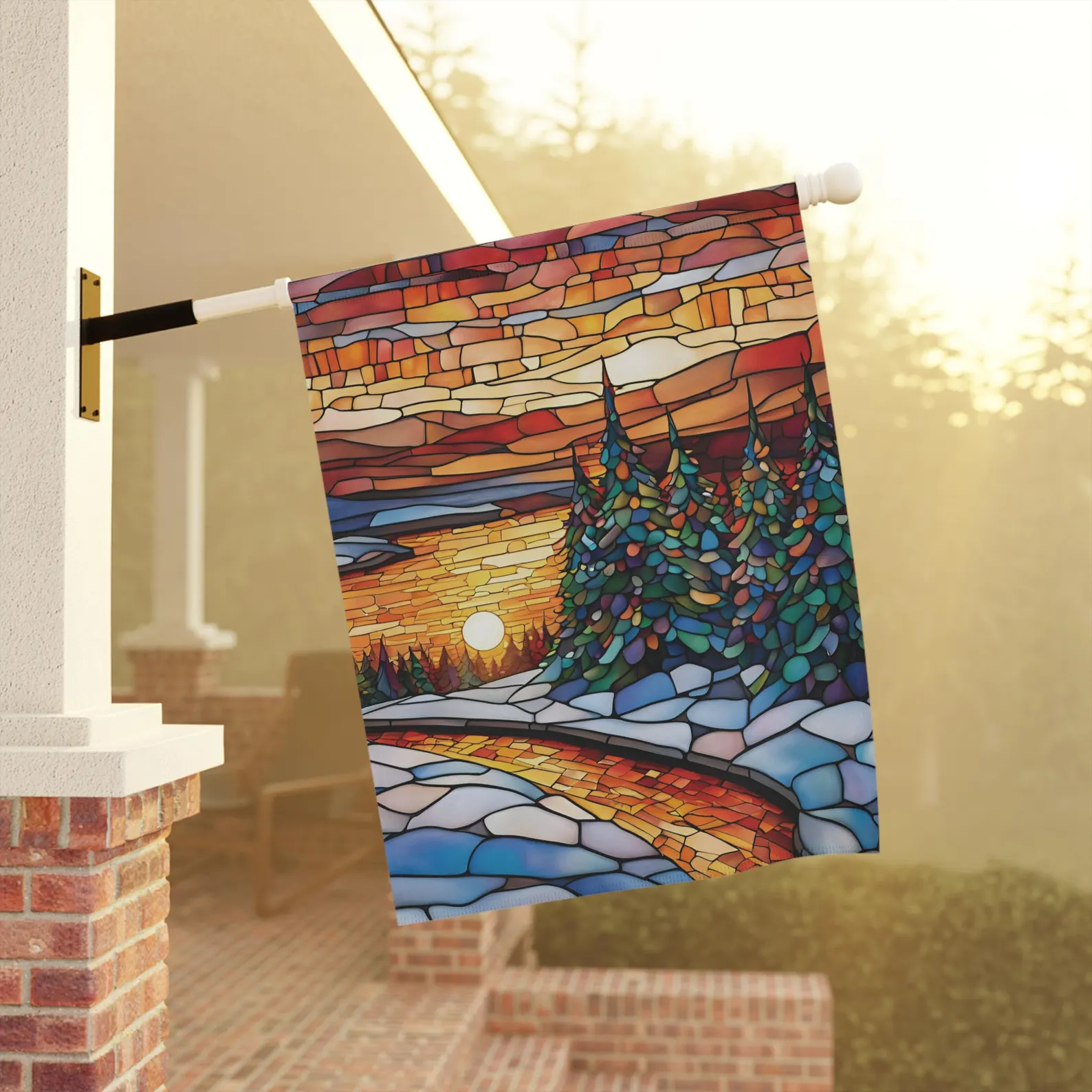 Mechenal Winter Garden Flag – Sunset Pine Tree Design