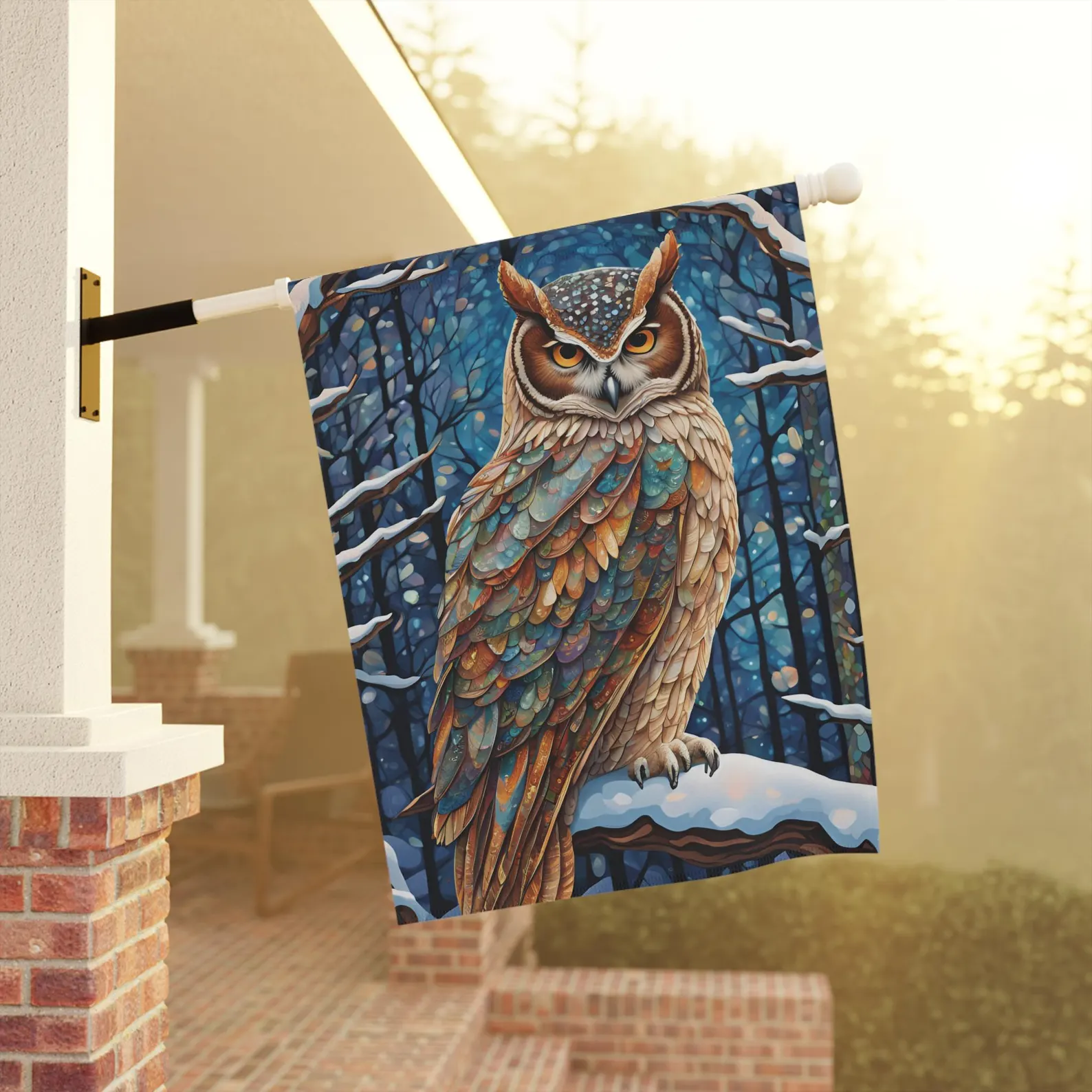 Mechenal Winter Garden Flag – Owl Moody Mosaic Design
