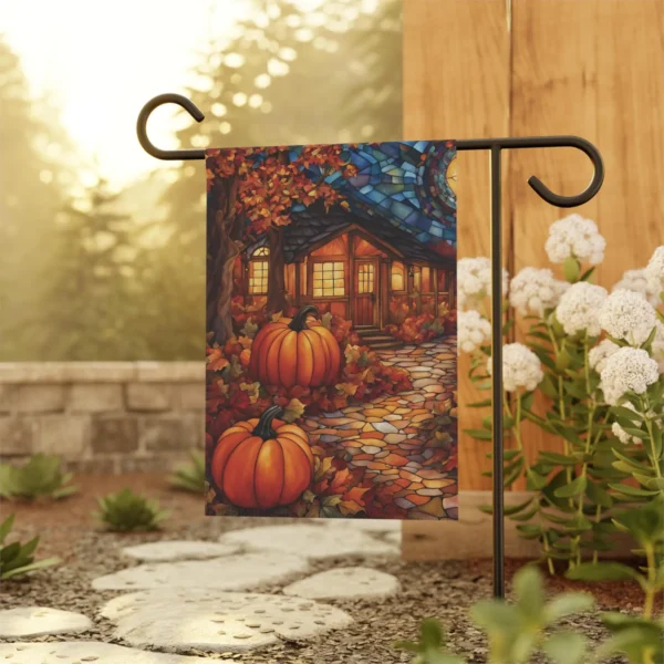 Mechenal Fall Garden Flag – Pumpkins with House Design