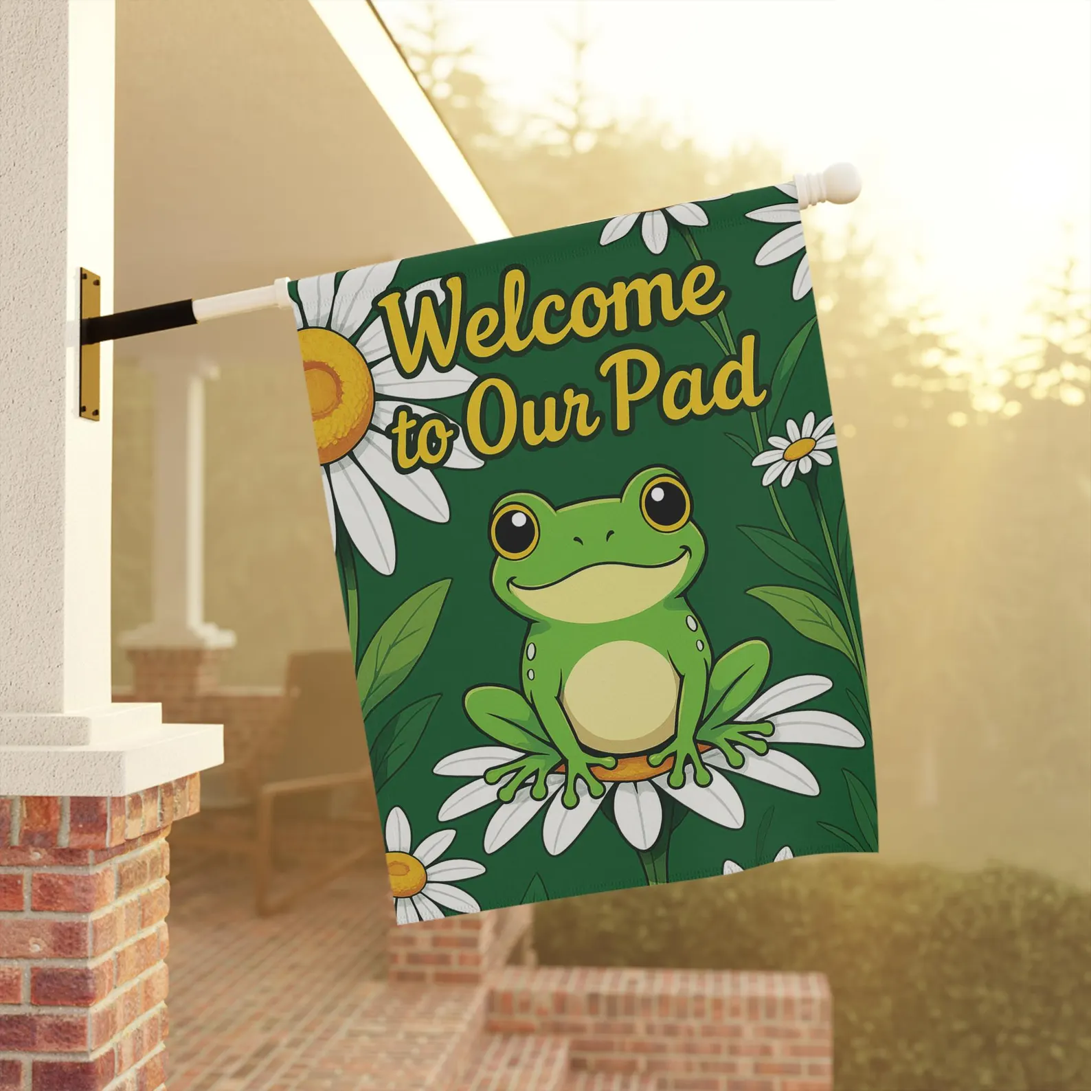 Mechenal Summer Garden Flag – Welcome to Our Pad Frog Design